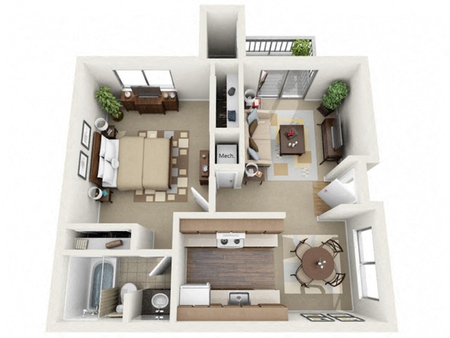 Floor plan for 1 bed, 1 bath, 644 sqft